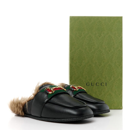 Men's Gucci Black Leather and Fur Lined GG Web Princetown