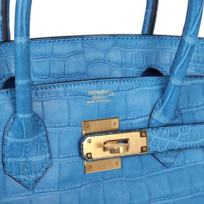 Hermes Birkin 30 Bleu Mykonos Matte Alligator Gold Hardware