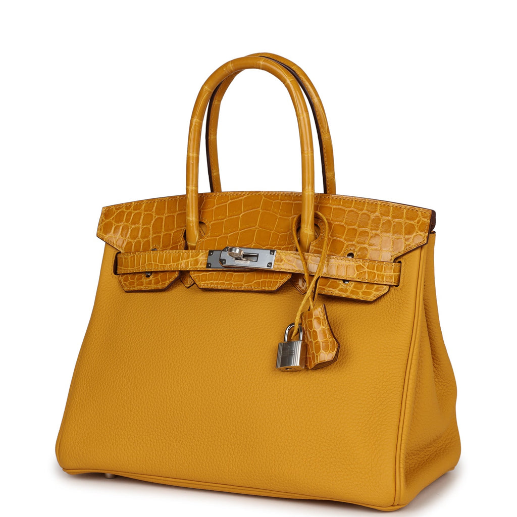 Hermes Birkin 30 Jaune Ambre Shiny Niloticus Crocodile and Togo Touch Palladium Hardware