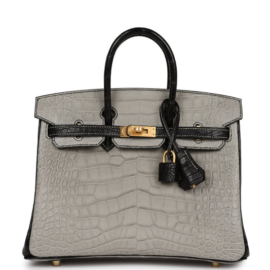 Hermès Special Order (HSS) Birkin 25 Gris Perle and Black Matte Alligator Mississippienis Brushed Gold Hardware