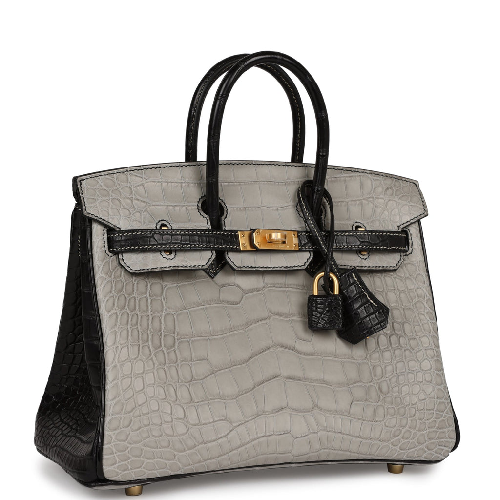 Hermès Special Order (HSS) Birkin 25 Gris Perle and Black Matte Alligator Mississippienis Brushed Gold Hardware