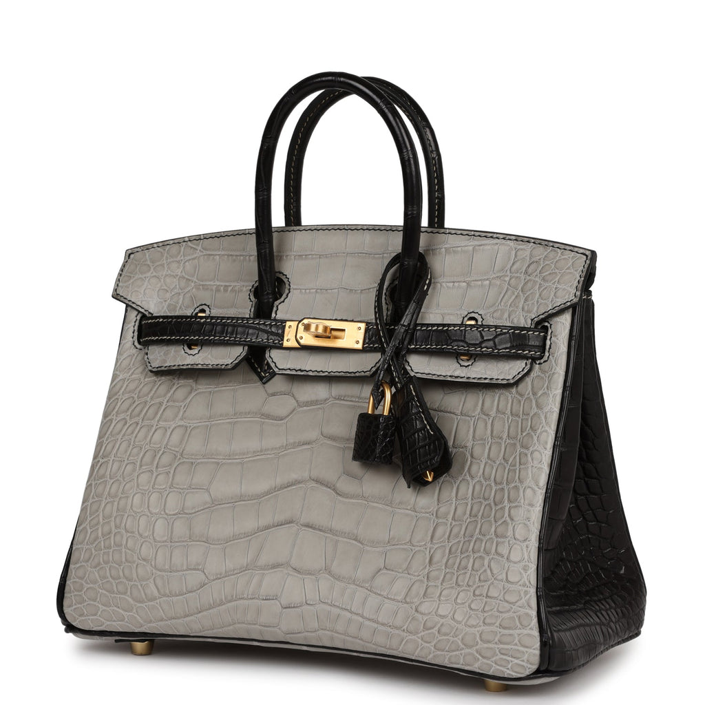 Hermès Special Order (HSS) Birkin 25 Gris Perle and Black Matte Alligator Mississippienis Brushed Gold Hardware