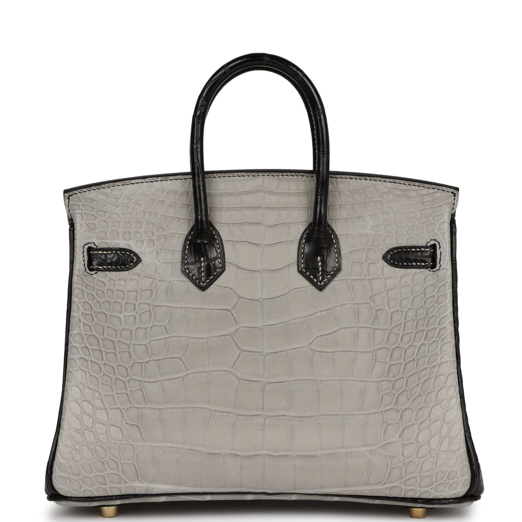 Hermès Special Order (HSS) Birkin 25 Gris Perle and Black Matte Alligator Mississippienis Brushed Gold Hardware