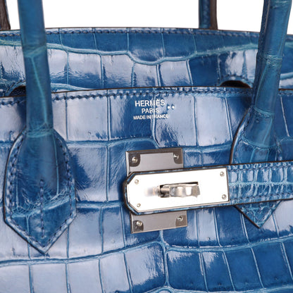 Pre-owned Hermes Birkin 30 Mykonos Shiny Niloticus Crocodile Palladium Hardware