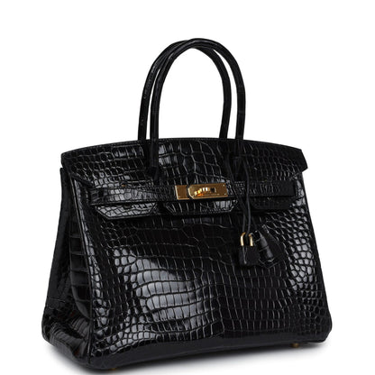 Pre-owned Hermes Birkin 30 Black Shiny Porosus Crocodile Gold Hardware