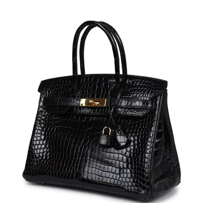 Pre-owned Hermes Birkin 30 Black Shiny Porosus Crocodile Gold Hardware