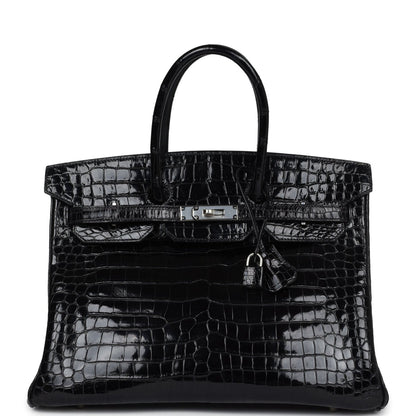 Vintage Hermes Birkin 35 Black Shiny Porosus Crocodile Palladium Hardware