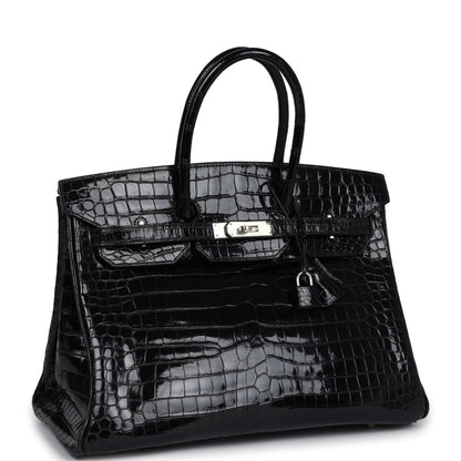 Vintage Hermes Birkin 35 Black Shiny Porosus Crocodile Palladium Hardware