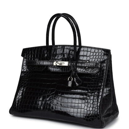 Vintage Hermes Birkin 35 Black Shiny Porosus Crocodile Palladium Hardware