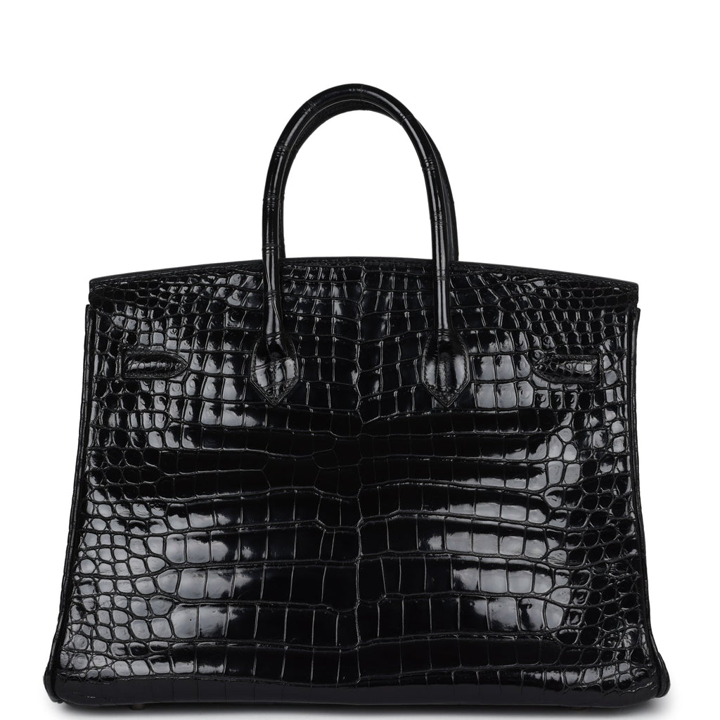 Vintage Hermes Birkin 35 Black Shiny Porosus Crocodile Palladium Hardware