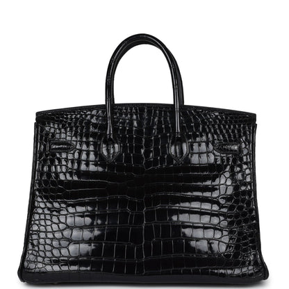 Vintage Hermes Birkin 35 Black Shiny Porosus Crocodile Palladium Hardware