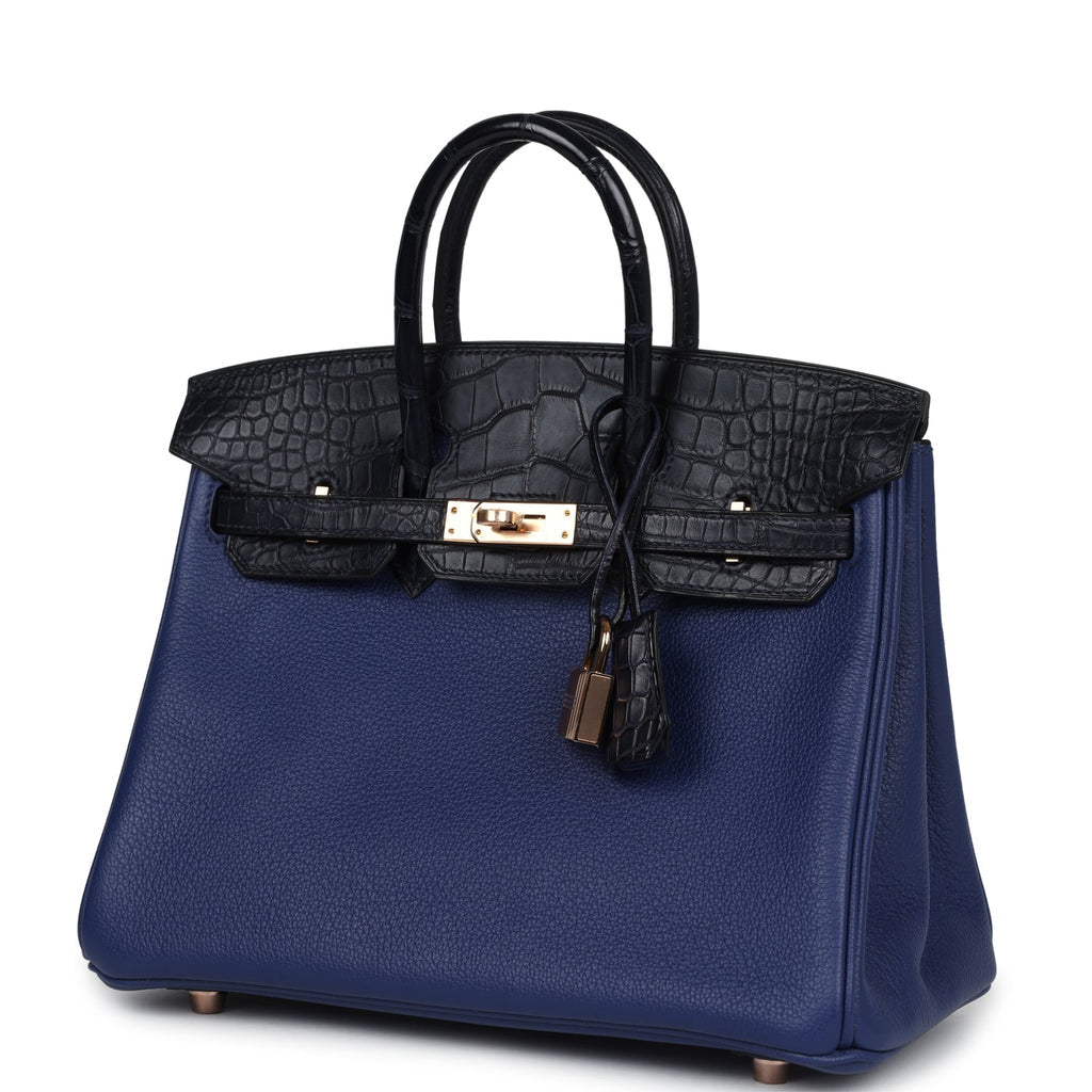 Hermes Birkin 25 Bleu Saphir Taurillion Novillo and Bleu Marine Matte Alligator Touch Rose Gold Hardware