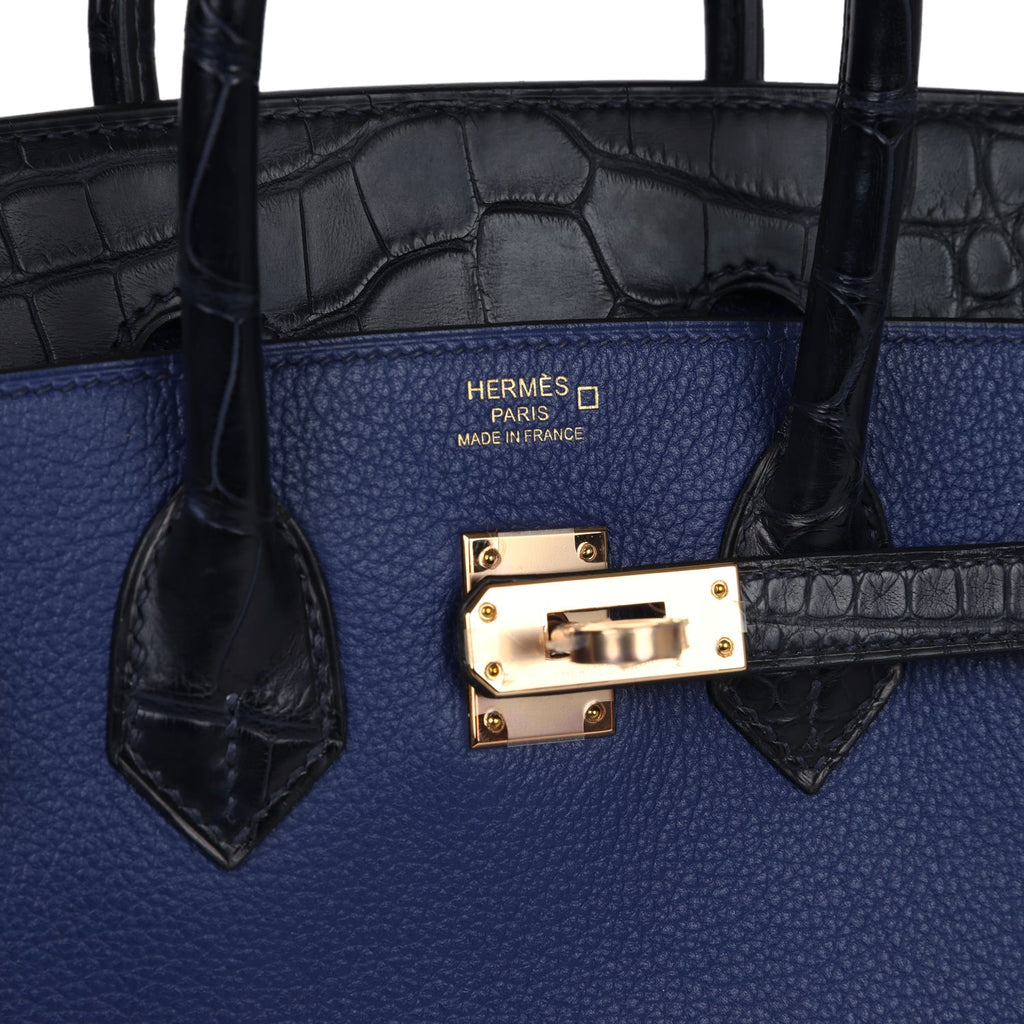 Hermes Birkin 25 Bleu Saphir Taurillion Novillo and Bleu Marine Matte Alligator Touch Rose Gold Hardware