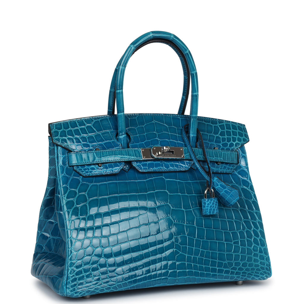 Pre-owned Hermes Birkin 30 Bleu Izmir Shiny Niloticus Crocodile Palladium Hardware