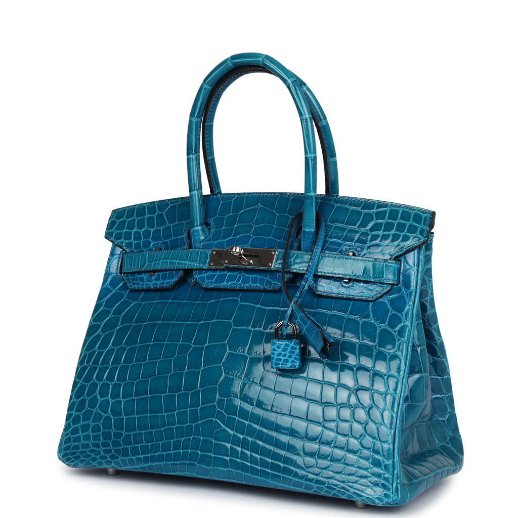 Pre-owned Hermes Birkin 30 Bleu Izmir Shiny Niloticus Crocodile Palladium Hardware