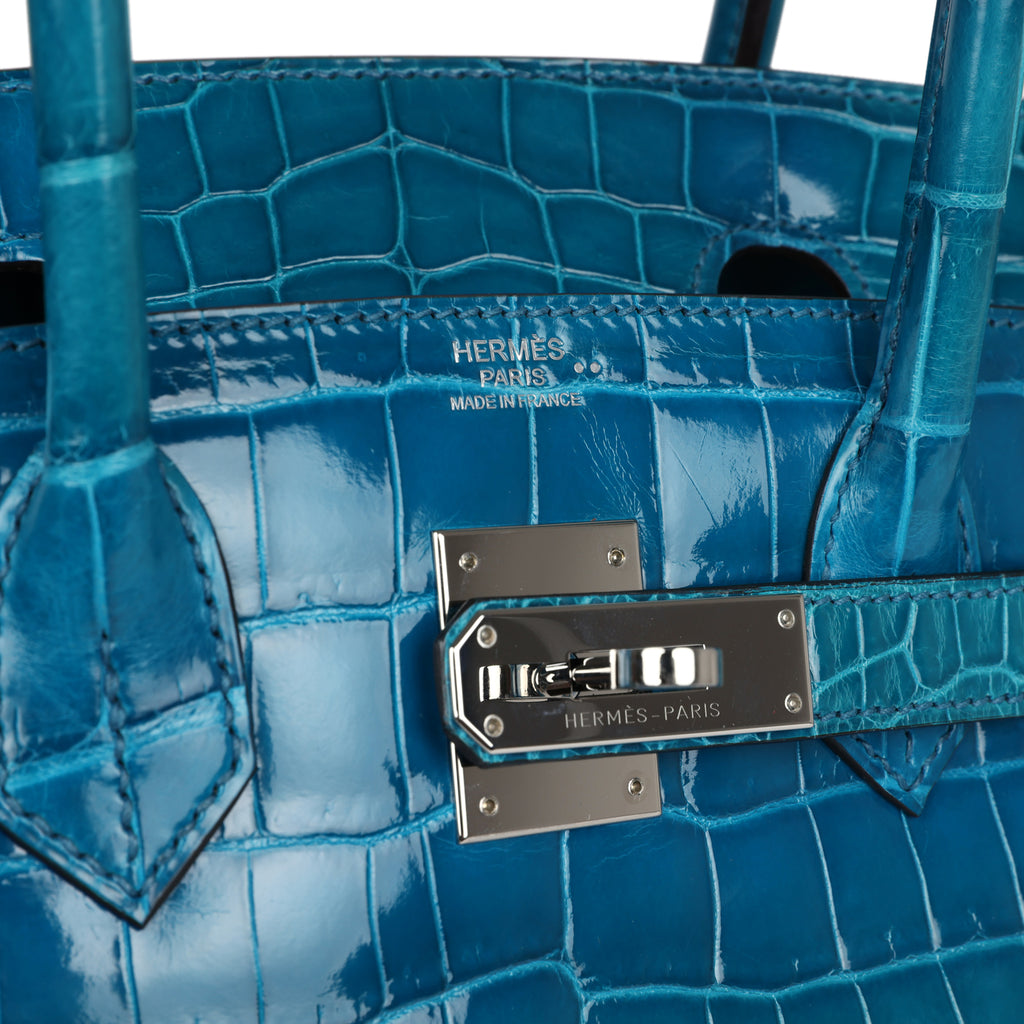 Pre-owned Hermes Birkin 30 Bleu Izmir Shiny Niloticus Crocodile Palladium Hardware