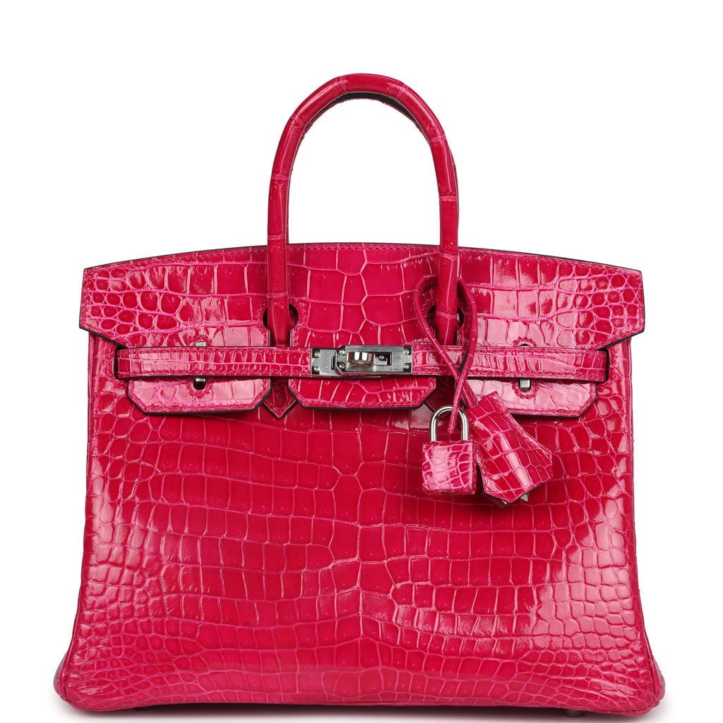 Pre-owned Hermes Birkin 25 Rose Mexico Shiny Porosus Crocodile Palladium Hardware