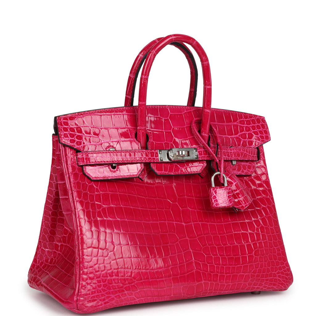 Pre-owned Hermes Birkin 25 Rose Mexico Shiny Porosus Crocodile Palladium Hardware