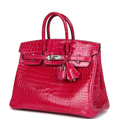 Pre-owned Hermes Birkin 25 Rose Mexico Shiny Porosus Crocodile Palladium Hardware