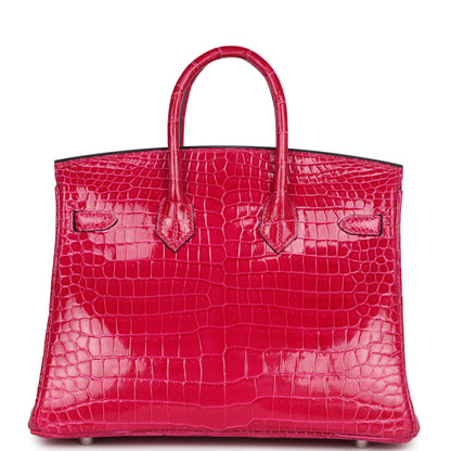 Pre-owned Hermes Birkin 25 Rose Mexico Shiny Porosus Crocodile Palladium Hardware