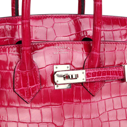 Pre-owned Hermes Birkin 25 Rose Mexico Shiny Porosus Crocodile Palladium Hardware