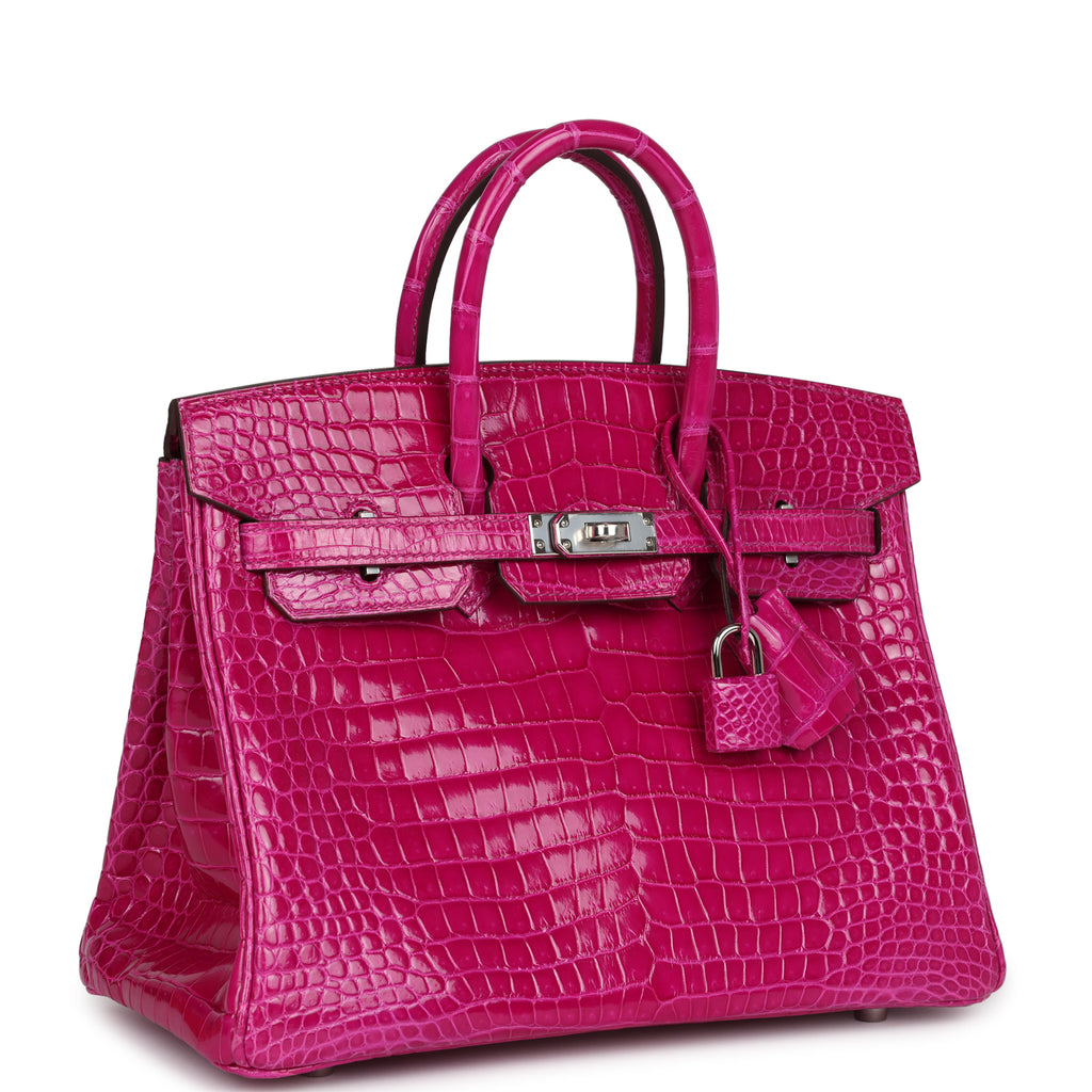 Hermès Birkin 25 Rose Sheherazade Shiny Porosus Crocodile Palladium Hardware