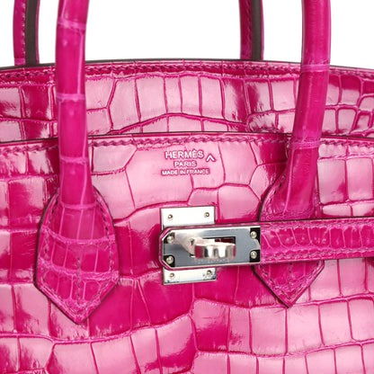 Hermès Birkin 25 Rose Sheherazade Shiny Porosus Crocodile Palladium Hardware