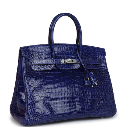 Pre-owned Hermes Birkin 35 Bleu Electric Shiny Porosus Crocodile Palladium Hardware