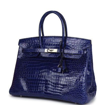 Pre-owned Hermes Birkin 35 Bleu Electric Shiny Porosus Crocodile Palladium Hardware