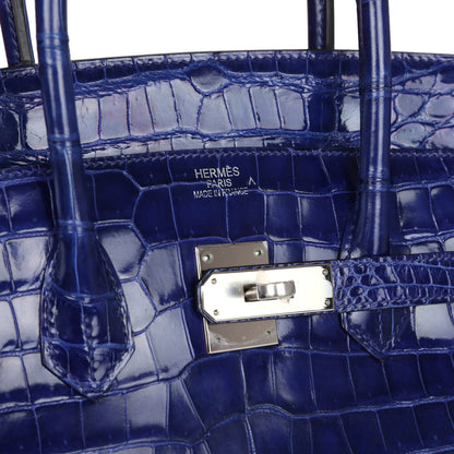 Pre-owned Hermes Birkin 35 Bleu Electric Shiny Porosus Crocodile Palladium Hardware