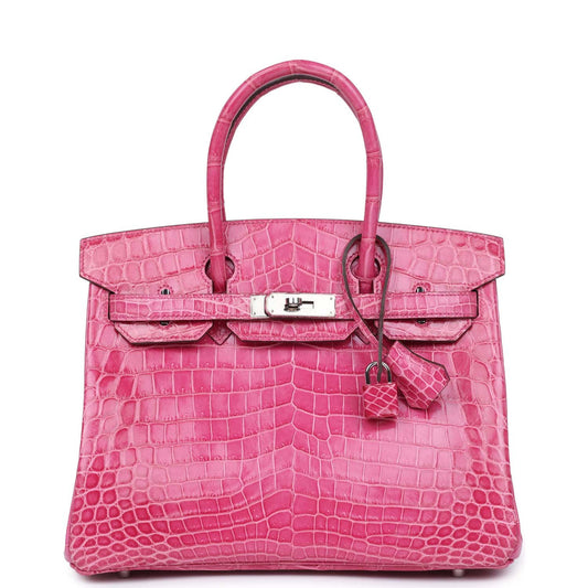 Pre-owned Hermes Birkin 30 Fuschia Shiny Niloticus Crocodile Palladium Hardware