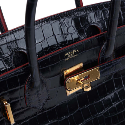 Hermès Birkin 30 Bleu Marine and Rouge H Contour Shiny Porosus Crocodile Gold Hardware