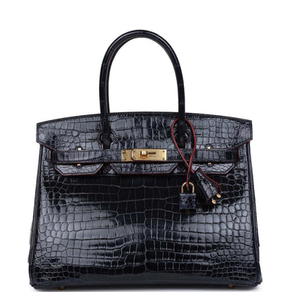 Hermès Birkin 30 Bleu Marine and Rouge H Contour Shiny Porosus Crocodile Gold Hardware