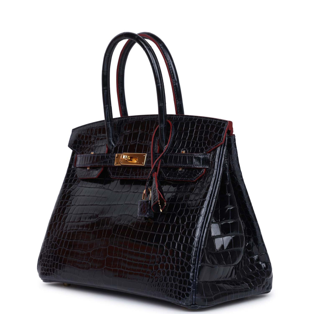 Hermès Birkin 30 Bleu Marine and Rouge H Contour Shiny Porosus Crocodile Gold Hardware