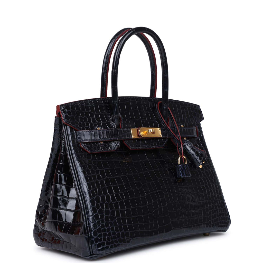 Hermès Birkin 30 Bleu Marine and Rouge H Contour Shiny Porosus Crocodile Gold Hardware