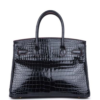 Hermès Birkin 30 Bleu Marine and Rouge H Contour Shiny Porosus Crocodile Gold Hardware