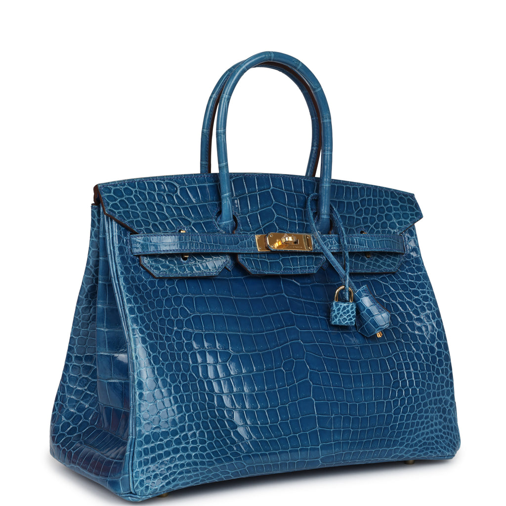 Pre-owned Hermes Birkin 35 Bleu Mykonos Shiny Porosus Crocodile Gold Hardware