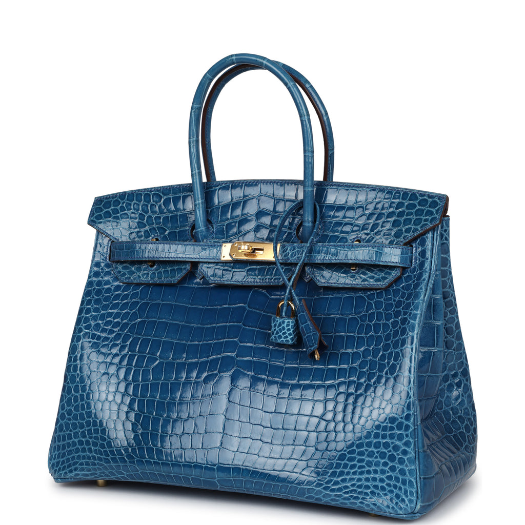 Pre-owned Hermes Birkin 35 Bleu Mykonos Shiny Porosus Crocodile Gold Hardware