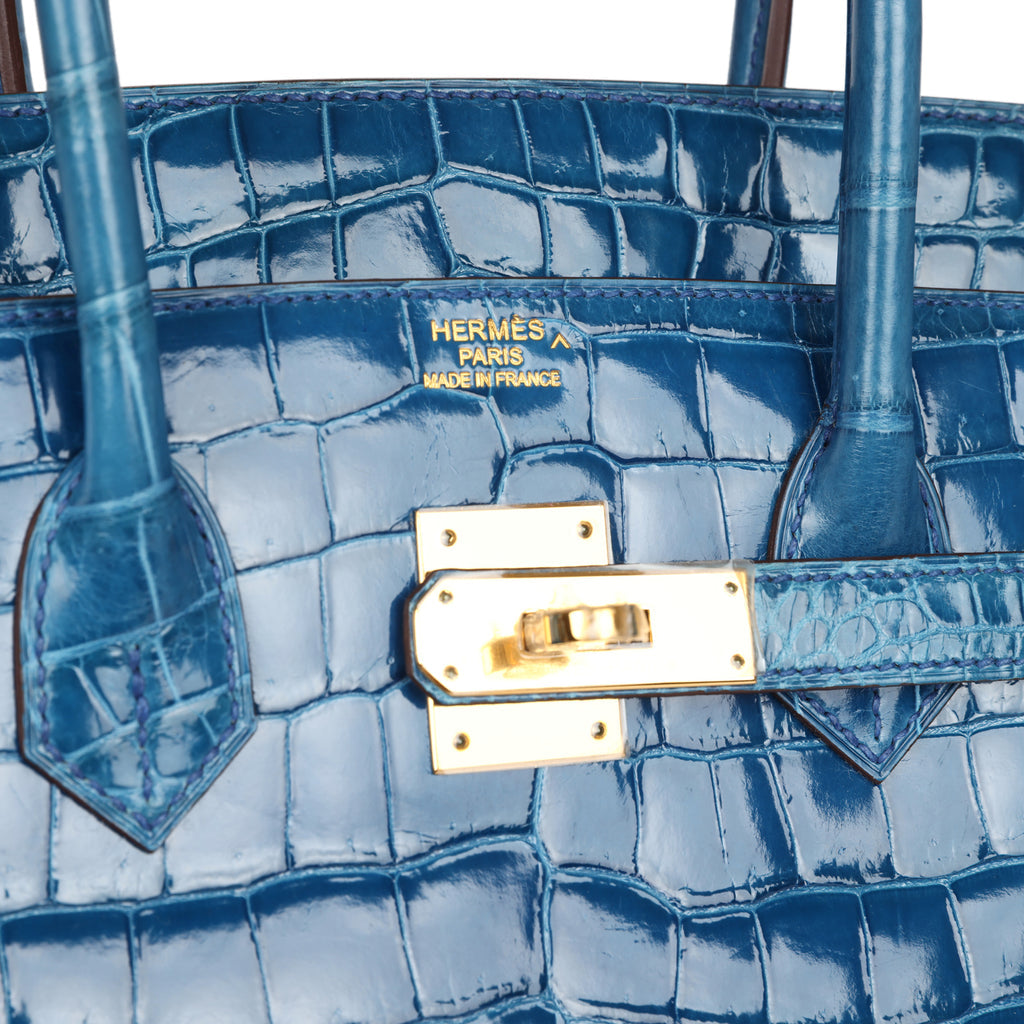 Pre-owned Hermes Birkin 35 Bleu Mykonos Shiny Porosus Crocodile Gold Hardware