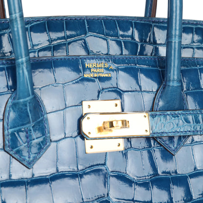 Pre-owned Hermes Birkin 35 Bleu Mykonos Shiny Porosus Crocodile Gold Hardware