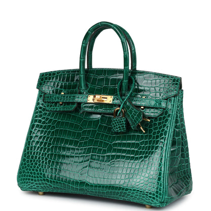 Hermès Birkin 25 Emerald Shiny Porosus Crocodile Gold Hardware