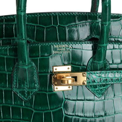 Hermès Birkin 25 Emerald Shiny Porosus Crocodile Gold Hardware