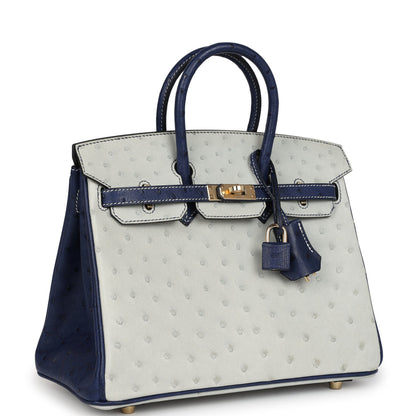 Hermes Special Order (HSS) Birkin 25 Gris Perle and Bleu Iris Ostrich Permabrass Hardware