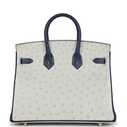 Hermes Special Order (HSS) Birkin 25 Gris Perle and Bleu Iris Ostrich Permabrass Hardware