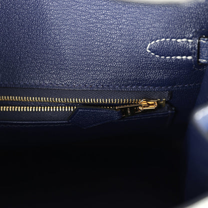 Hermes Special Order (HSS) Birkin 25 Gris Perle and Bleu Iris Ostrich Permabrass Hardware