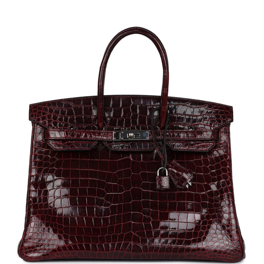 Pre-owned Hermes Birkin 35 Bordeaux Shiny Porosus Crocodile Palladium Hardware