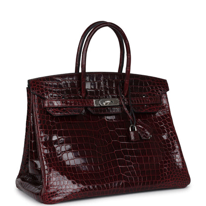 Pre-owned Hermes Birkin 35 Bordeaux Shiny Porosus Crocodile Palladium Hardware