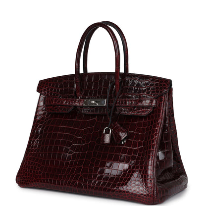 Pre-owned Hermes Birkin 35 Bordeaux Shiny Porosus Crocodile Palladium Hardware