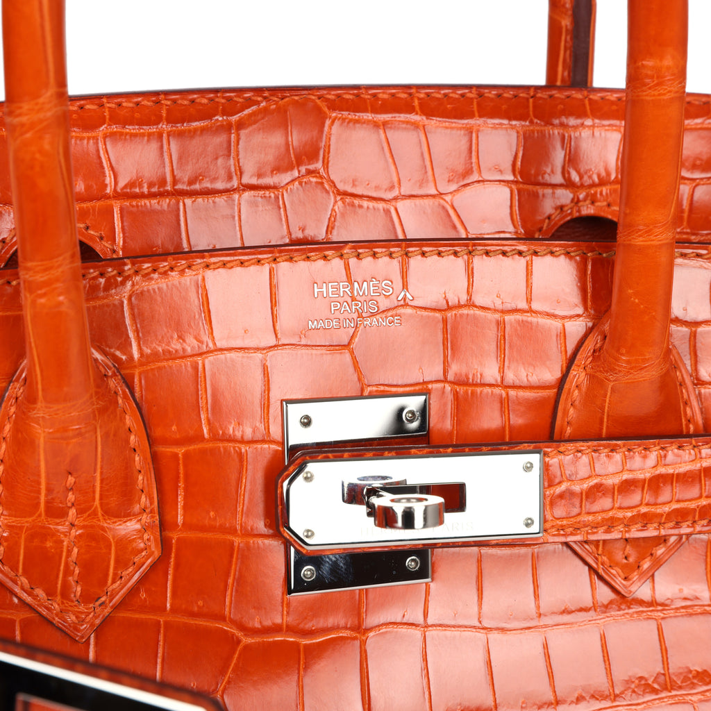 Pre-owned Hermes Birkin 30 Orange Shiny Porosus Crocodile Palladium Hardware