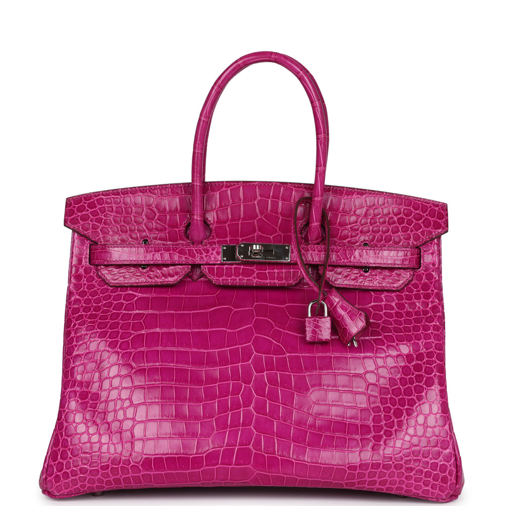 Pre-owned Hermes Birkin 35 Rose Sheherazade Shiny Porosus Crocodile Palladium Hardware